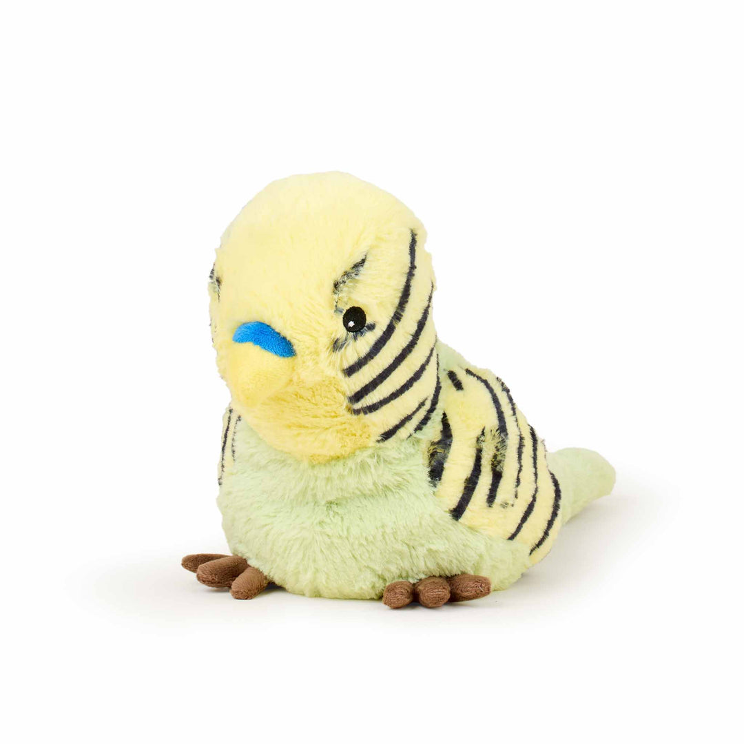 Green Parakeet Warmies plush, microwavable and scented with real French lavender for soothing warmth or cooling relief.