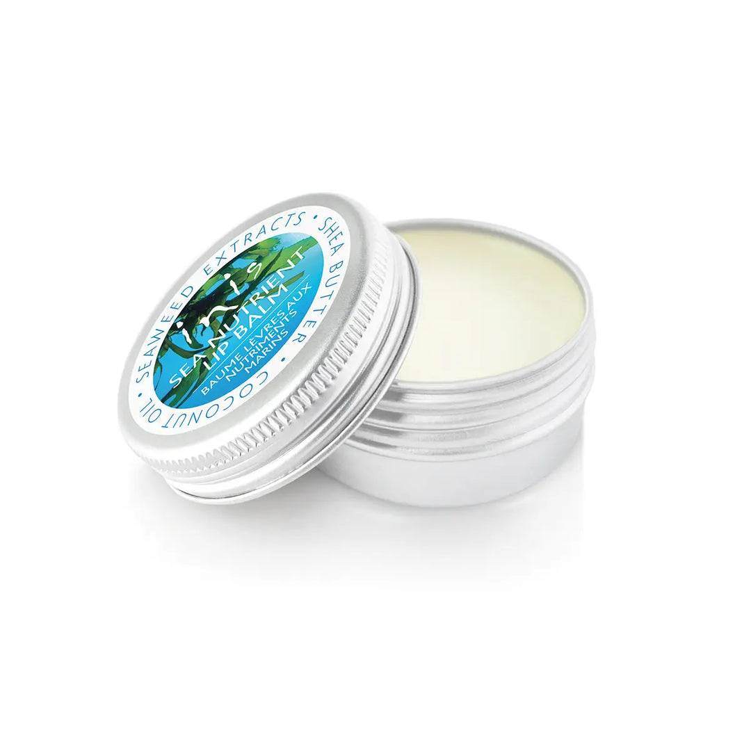 The .5 oz Inis Lip Balm in its compact, round aluminum tin.