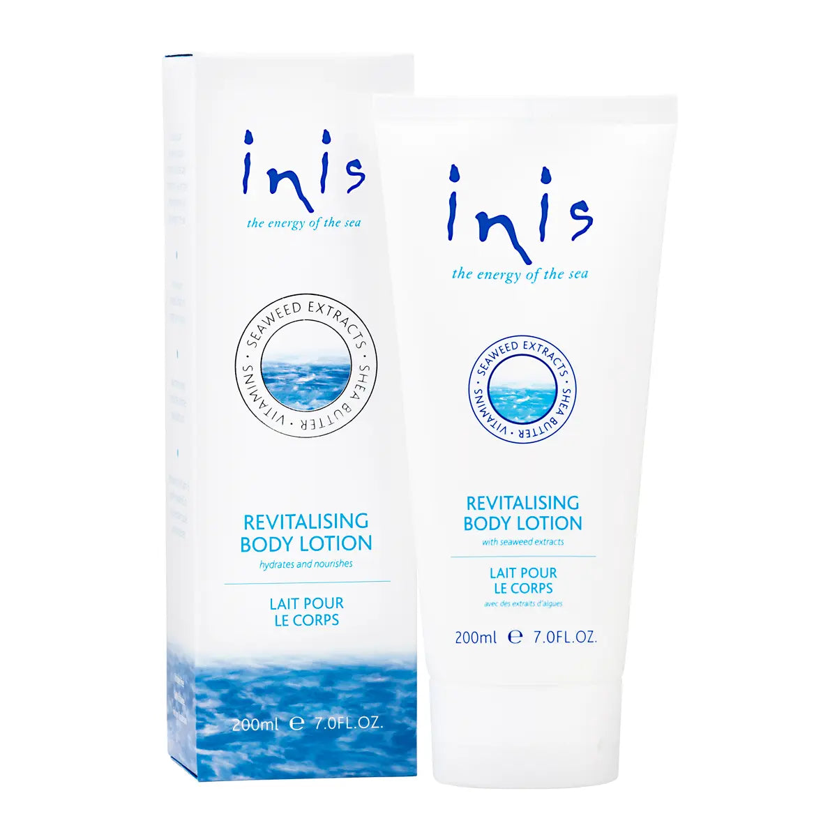 A 7 oz (200mL) bottle of Inis Revitalizing Body Lotion.