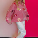 Video of Queen Of Sparkles crimson red and white stripe icon University Of Oklahoma game day blouse.