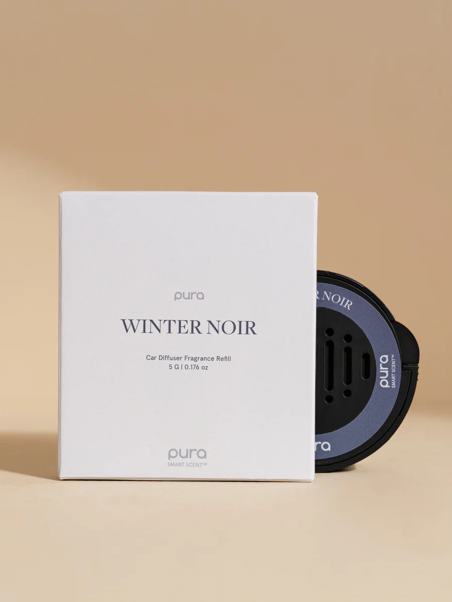 Pura Winter Noir car fragrance refill bottle.