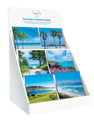 A square, 4.3-inch Inis scented sachet with beautiful beach scenery printed on the packaging.