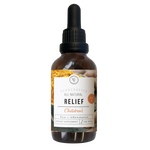 A bottle of Rowe Casa Children's Relief Supplement, 2 oz size, with a dropper, labeled for pain and inflammation relief with organic ingredients.