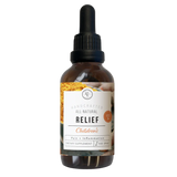 A bottle of Rowe Casa Children's Relief Supplement, 2 oz size, with a dropper, labeled for pain and inflammation relief with organic ingredients.