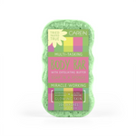 A soap-infused sponge with a stylish green plaid pattern.