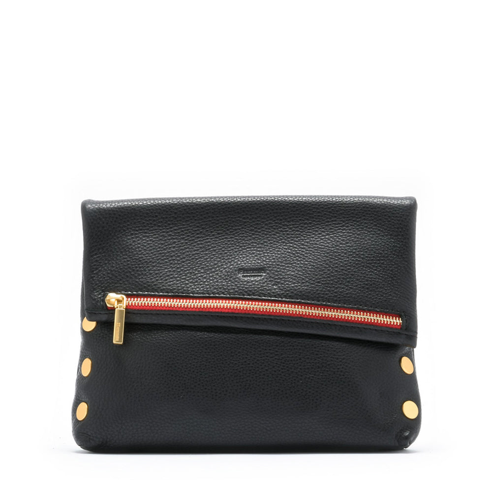 Hammitt VIP Med - A medium, black luxury leather bag with gold hardware, red zipper, shown with its convertible strap options.