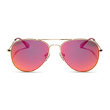 Gold aviator sunglasses with red mirror polarized lenses, featuring a sleek top bar and thin stainless steel frame.
