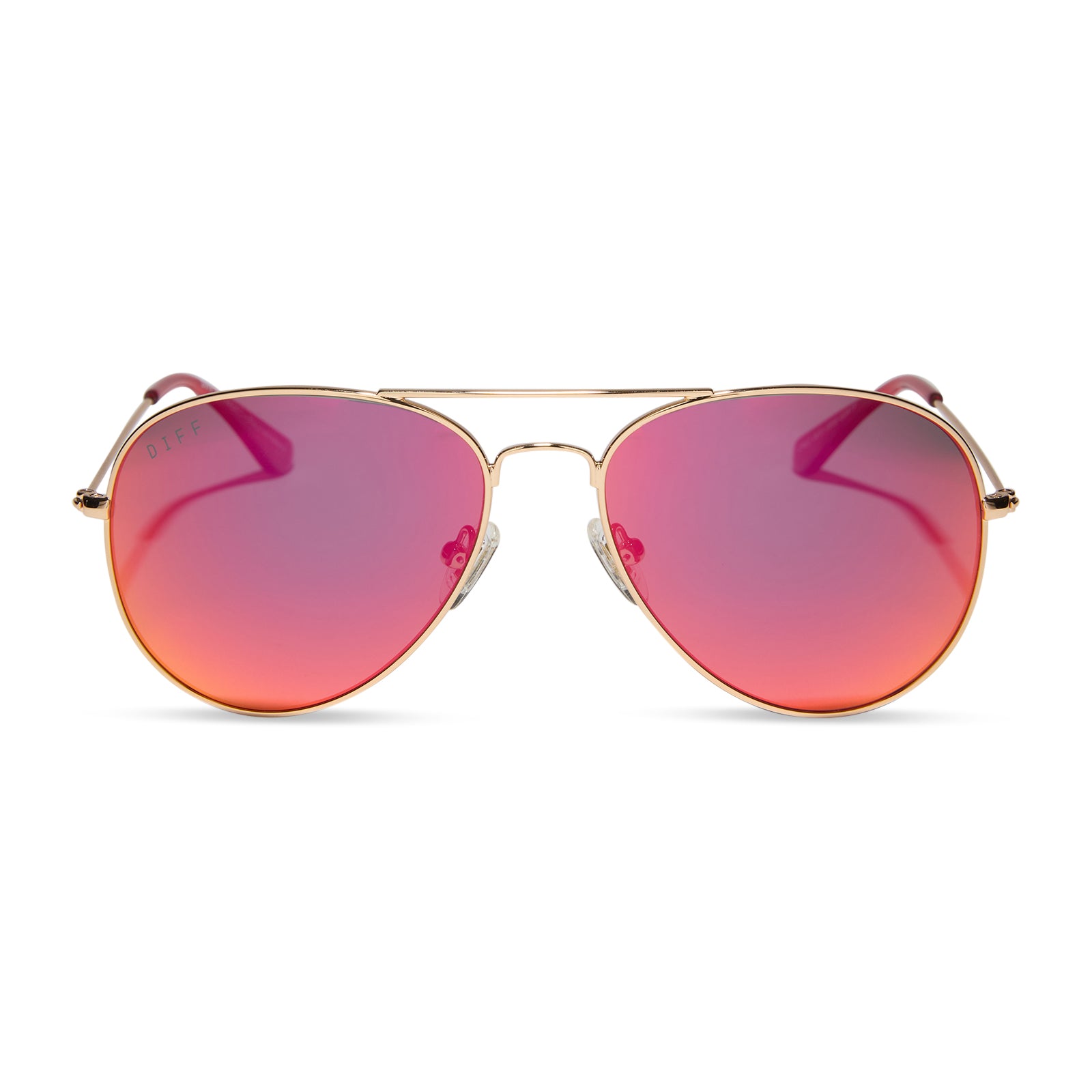 Gold aviator sunglasses with red mirror polarized lenses, featuring a sleek top bar and thin stainless steel frame.