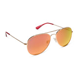 Aviator sunglasses with gold frame and red/orange-tinted lenses on a white background