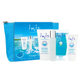 The Inis Voyager Gift Set, showing the four travel-sized products (cologne, hand cream, body lotion, shower gel) next to their reusable travel bag.
