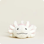 A soft, white plush axolotl toy with pink external gills, designed to be microwavable.