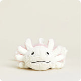 A soft, white plush axolotl toy with pink external gills, designed to be microwavable.