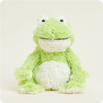A soft, green plush frog toy with large, friendly eyes, designed to be microwavable.