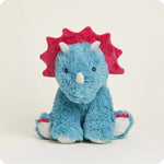 A soft, plush triceratops toy with three horns and a frill, designed to be microwavable.