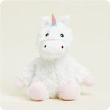 A soft, white plush unicorn toy with a rainbow mane and tail and a sparkly horn, designed to be microwavable.