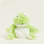 A small, soft green plush frog toy with friendly eyes, designed to be microwavable.