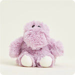 A small, soft plush hippopotamus toy, light purple with a friendly face, designed to be microwavable