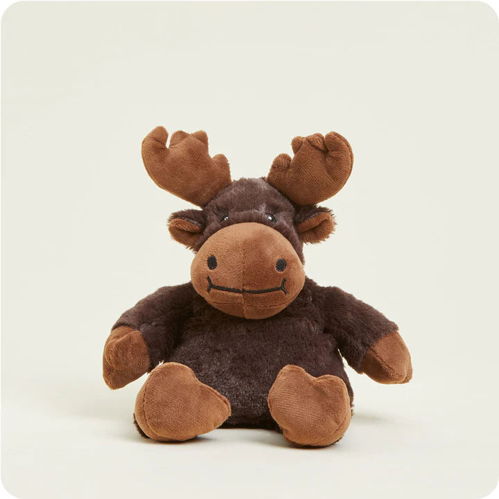 A small, soft brown plush moose toy with large antlers, designed to be microwavable.