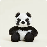 A small, soft plush panda toy with characteristic black and white patches and friendly eyes, designed to be microwavable.