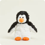 A small, soft plush penguin toy with black, white, and orange features, designed to be microwavable.