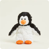 A small, soft plush penguin toy with black, white, and orange features, designed to be microwavable.