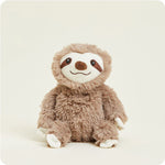 A small, soft plush sloth toy with long arms and a friendly face, designed to be microwavable.