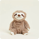 A small, soft plush sloth toy with long arms and a friendly face, designed to be microwavable.