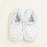 A pair of women's slip-on slippers covered in a soft, plush gray faux fur, designed to be microwavable.