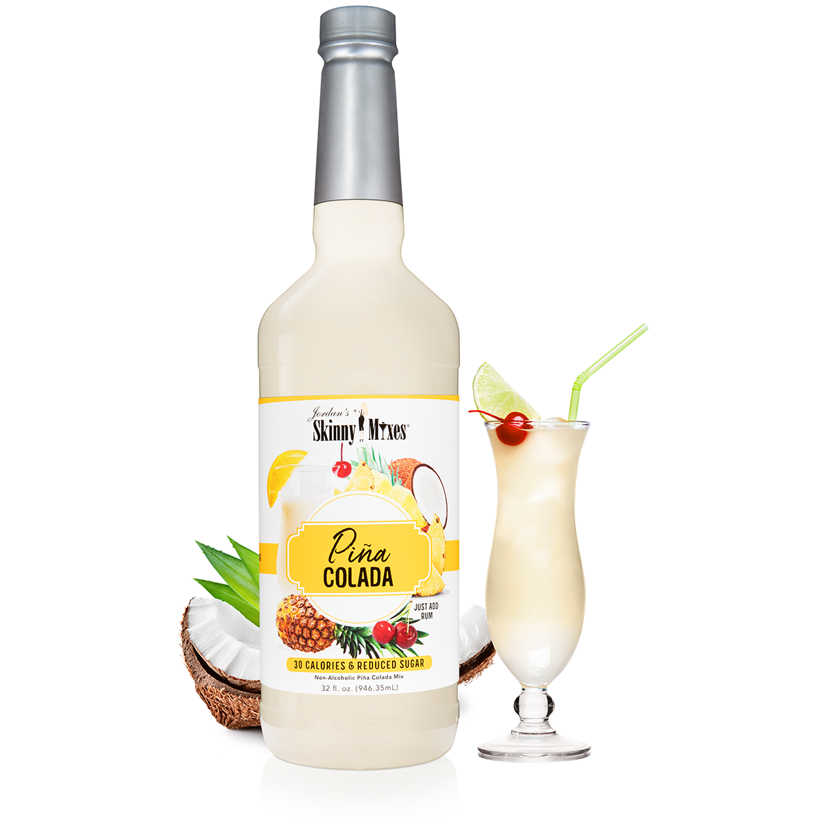 Skinny Mixes Pina Colada Mixer, 32 fl oz bottle, low-sugar tropical coconut and pineapple blend.