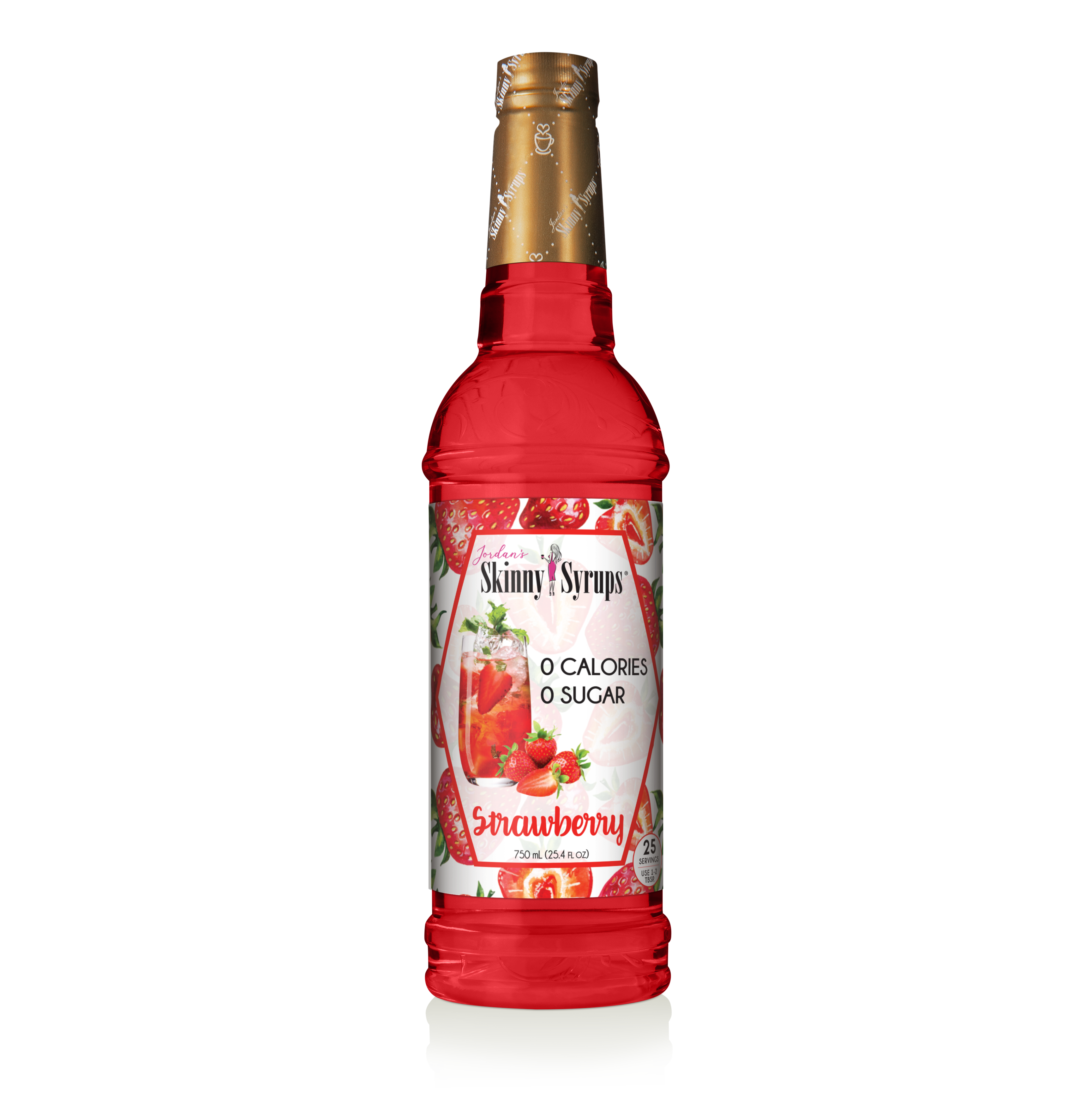 Skinny Mixes Sugar Free Strawberry Syrup, 750 ml bottle, zero-calorie sweet strawberry flavor.