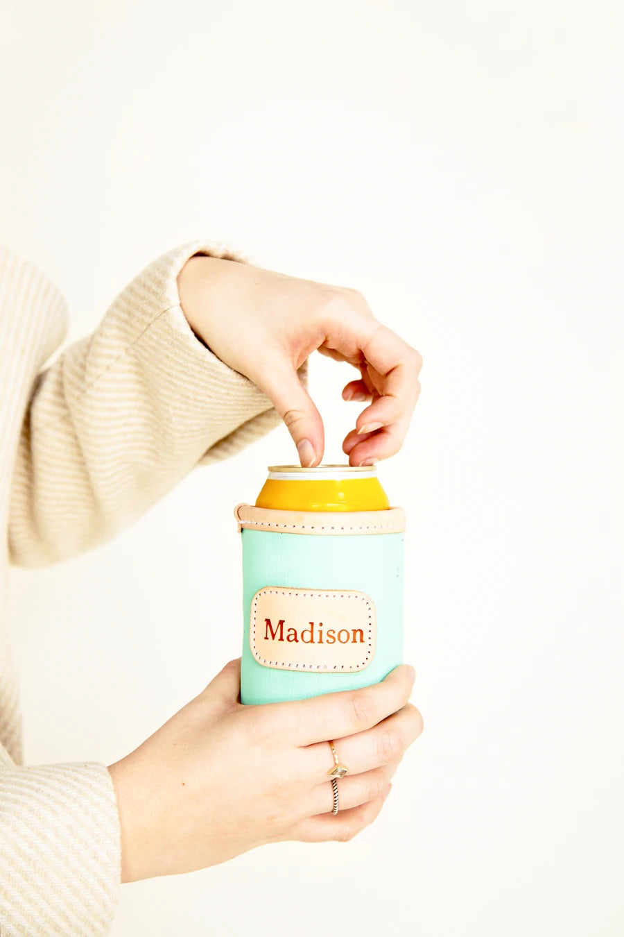 Jon Hart Lil Chill insulated drink holder with leather trim and collapsible, customizable design.