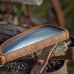 Jon Hart Small Revolver Case with oiled leather trim, fleece lining, and antique brass zipper.