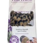 A soft, leopard-print eye mask with a satin elastic strap, designed to be microwavable.