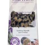 A soft, leopard-print eye mask with a satin elastic strap, designed to be microwavable.