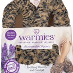 A pair of women's slip-on slippers covered in a soft, leopard-print faux fur, designed to be microwavable.
