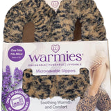 A pair of women's slip-on slippers covered in a soft, leopard-print faux fur, designed to be microwavable.