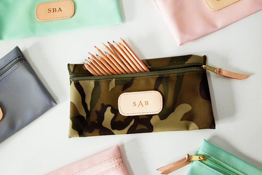 Jon Hart Large Pouch with coated canvas, natural leather details, and slim flat design for organized travel or daily use.