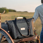 Jon Hart Large Cooler with leather trim, foam insulation, and adjustable snaps for spacious cold storage.