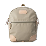 Jon Hart Large Backpack in durable coated canvas with natural leather trim, two main zip compartments, front and side pockets, adjustable leather-detailed straps, and a new trolley sleeve.