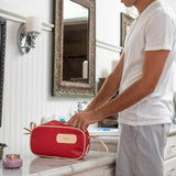 Jon Hart Shave Kit with coated canvas, natural leather trim, and zippered closure for organized travel essentials.