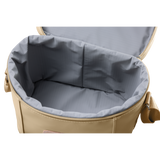 Versatile insulated Jon Hart lunch box with removable insert, zip closure, and adjustable shoulder strap in coated canvas with natural leather trim.