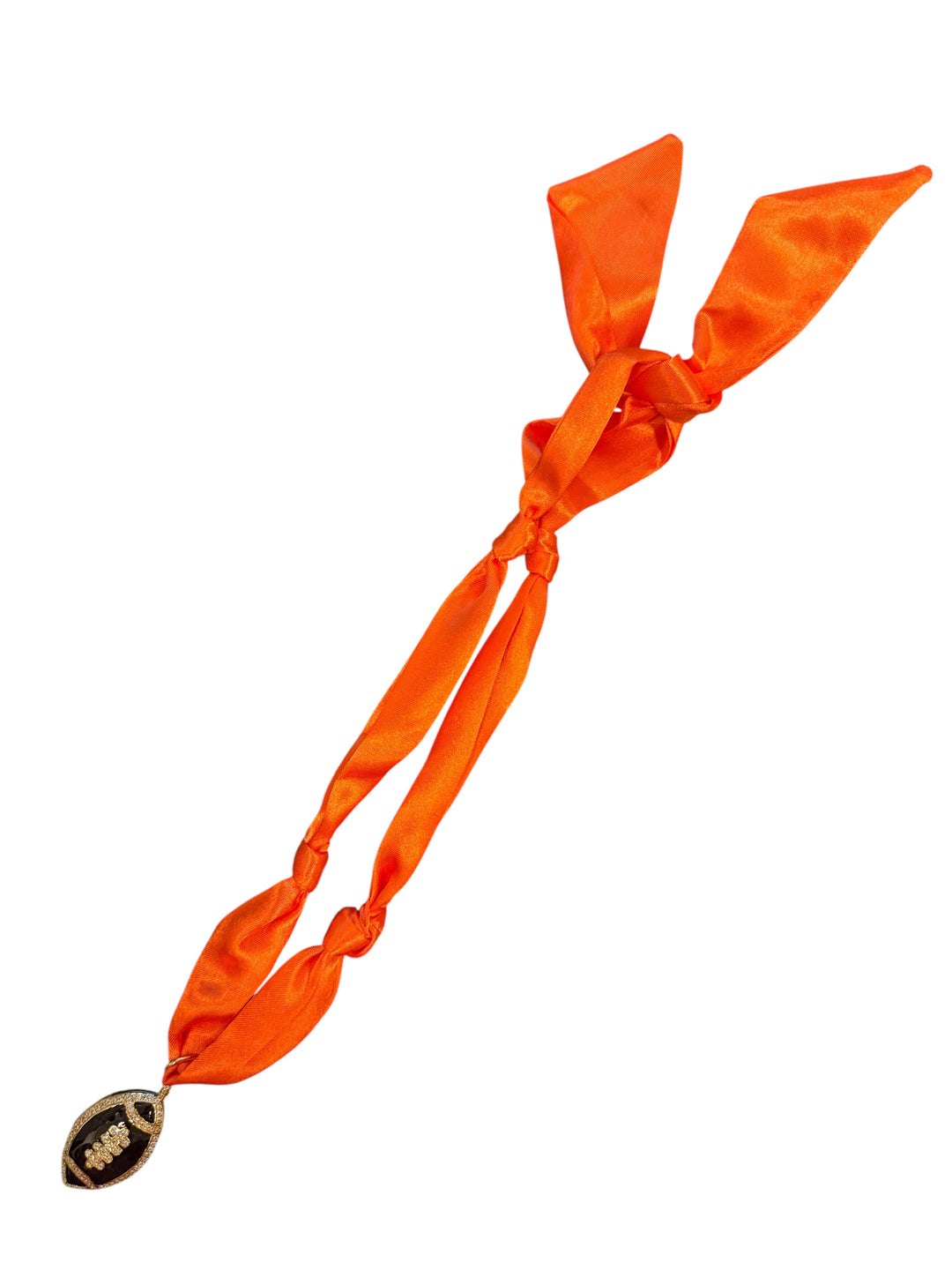 Orange satin scarf necklace with football charm.