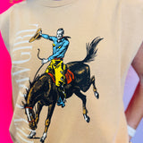 Front view of the Hey Cowgirl Cap Sleeve Tee in wheat color featuring bold cowboy-themed graphics for a trendy Western-inspired look
