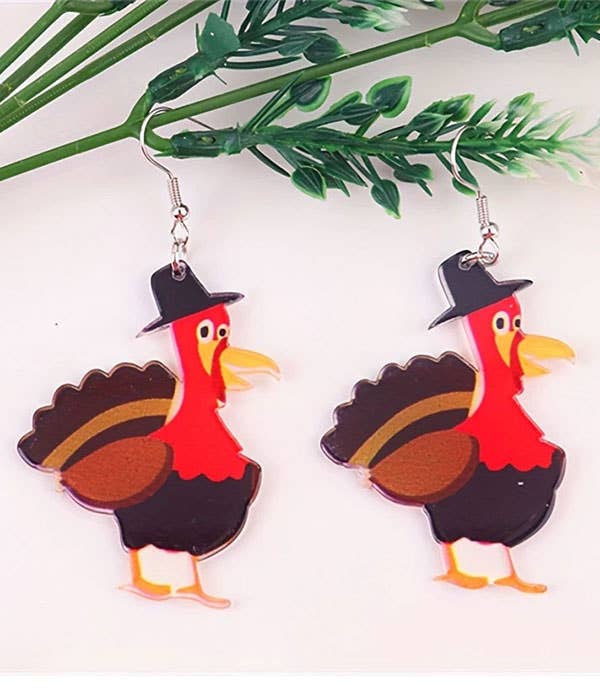 wooden painted turkey dangle earrings