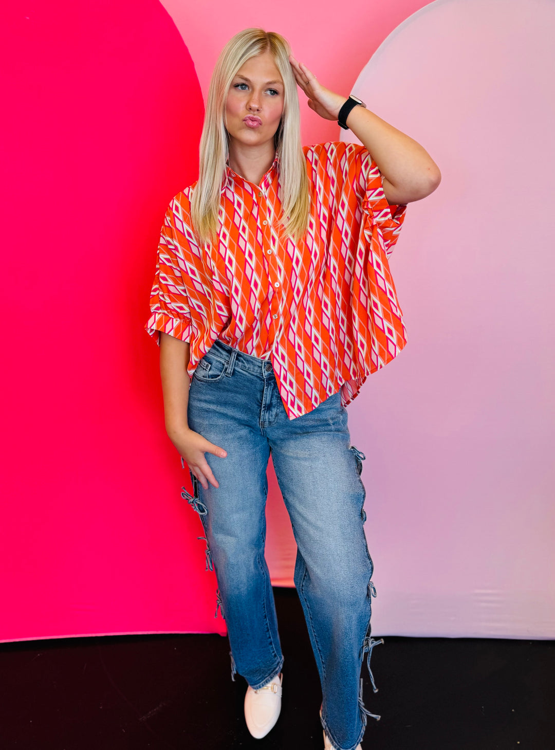 Tangerine Print Dolman Sleeve Top