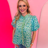 Green Leopard Print Puff Sleeve Top