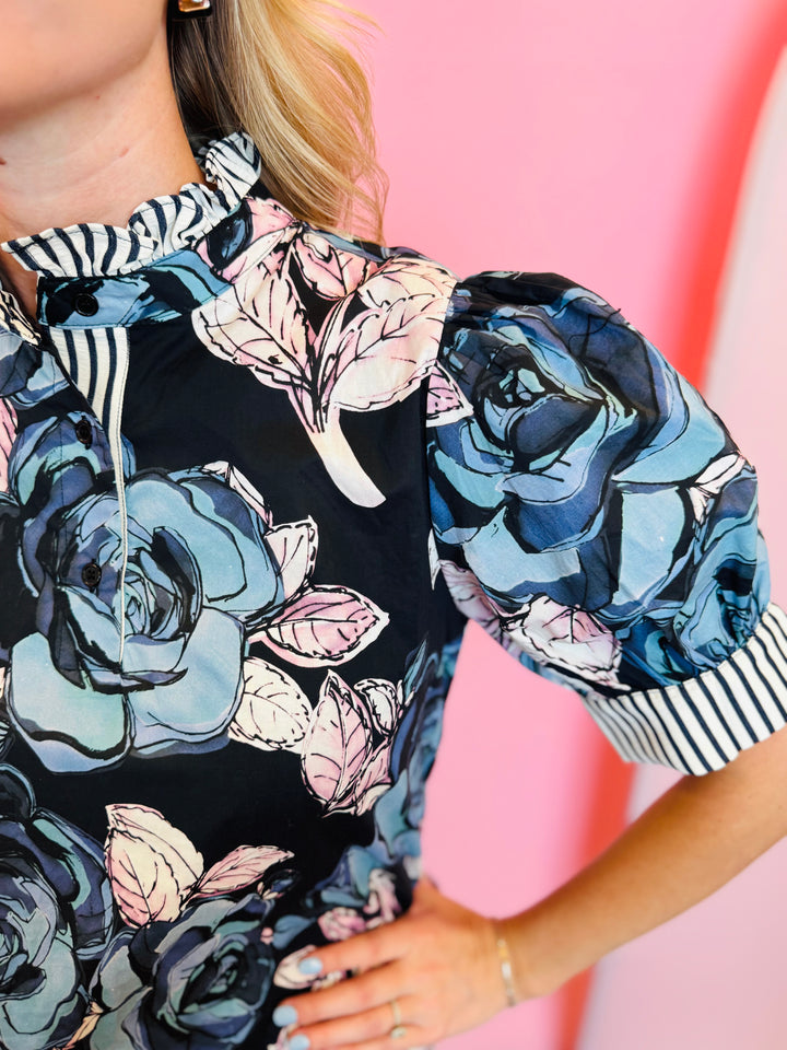 Navy Ruffled Mock Neck Floral Top