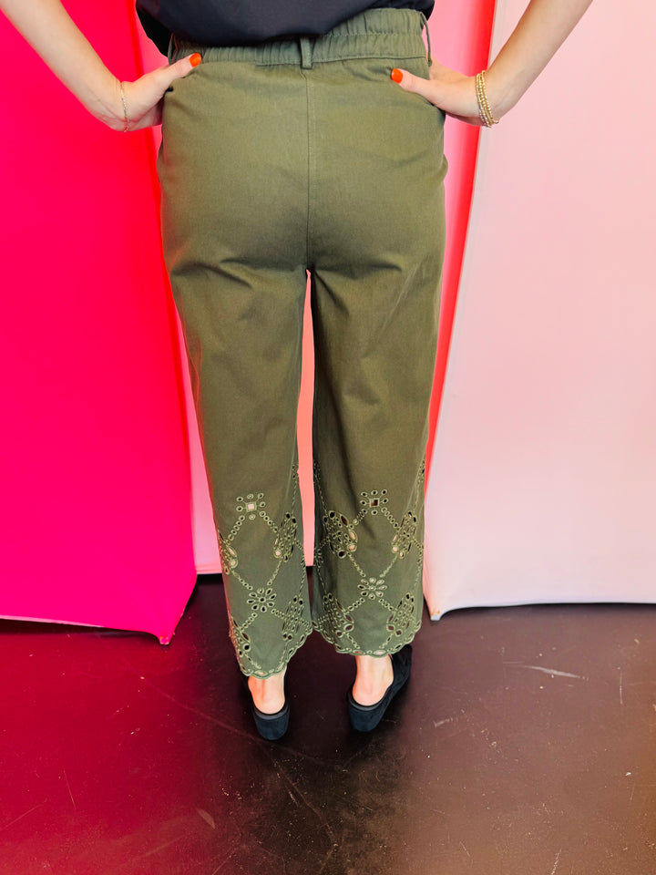 Olive Eyelet Hem Pants