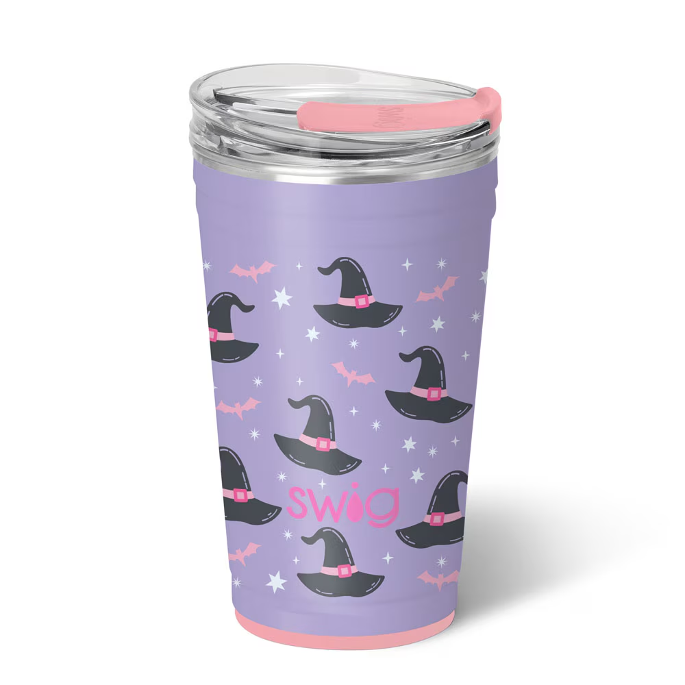 Swig Spellbound Party Cup 24oz with glitter glow-in-the-dark bats, stars, and whimsical witch hats on a lavender background, XL EZ Slider Lid.