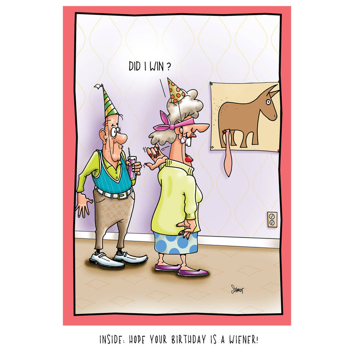A birthday with with an elderly woman wearing a blindfold has just played "Pin the Tail on the Donkey." She has pinned the tail on the donkey's crotch area and is asking her elderly male partner, "Did I win?"